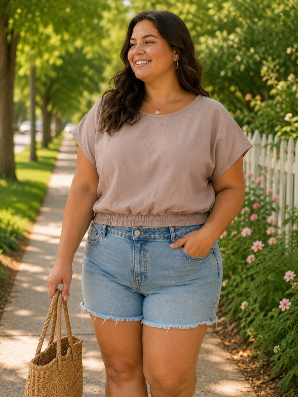 Emery Rose Beige Crop Top with Elastic Waistband, Size: 1X